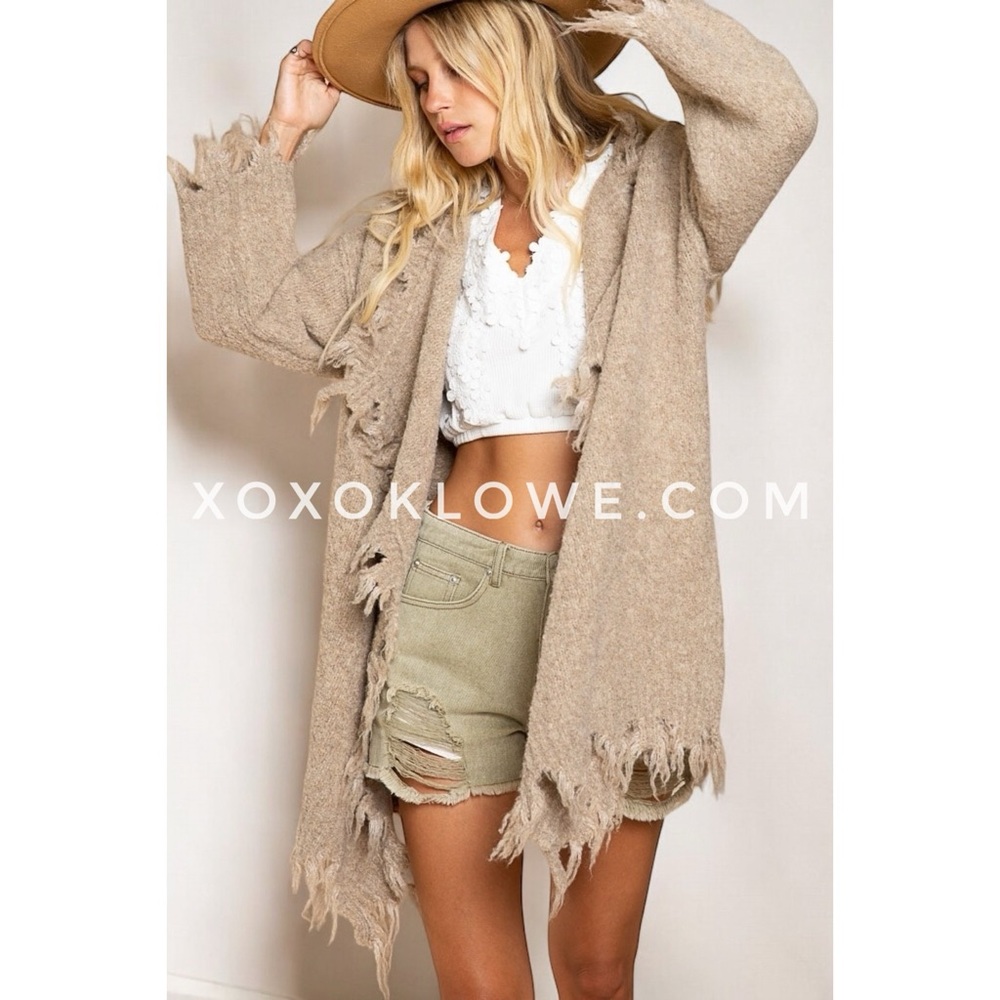 POL Taupe Tattered Waterfall Blanket Cardigan Relaxed Fit - Picture 3 of 6